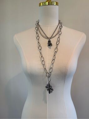 Versani Gunmetal Layered Chain Necklace with Cross Pendants